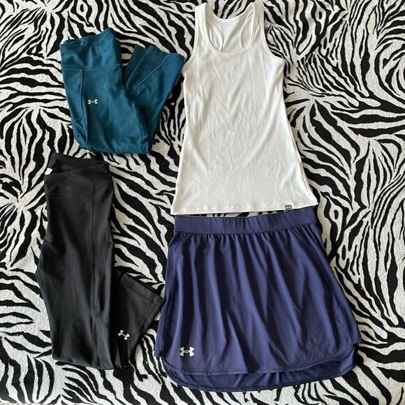 Bundle set of 4 women’s under armour pants, leggings, skirt tank top gym outfit - Picture 3 of 16